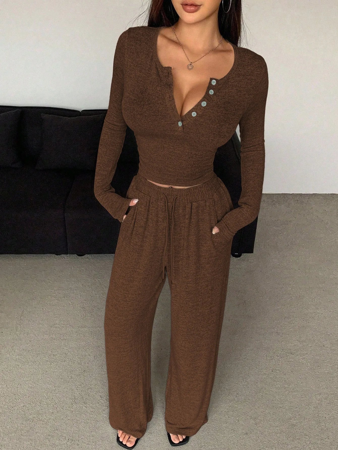 Women's Pajamas Sexy Tight-fitting Button V-neck Long-sleeved Drawstring Long Trousers Two-piece Set Casual Simple Homewear