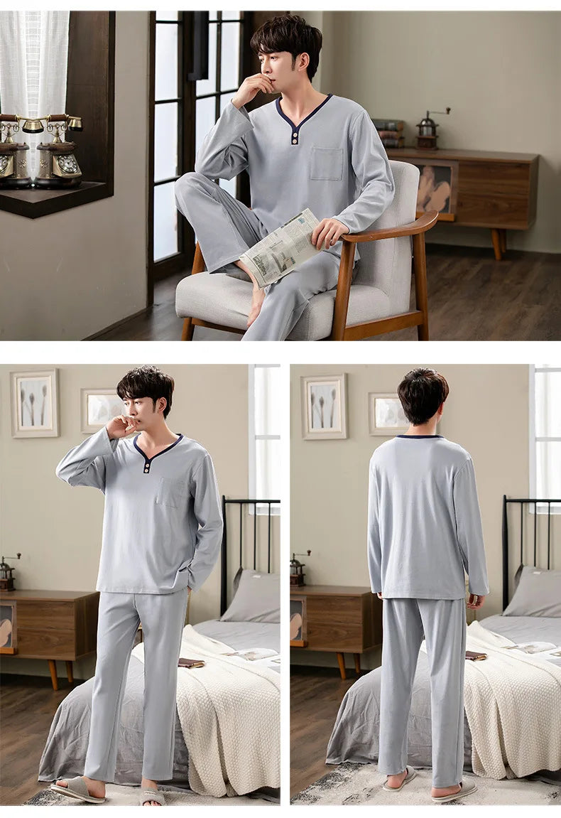Fashion Lounge Pajamas Sets Men's Spring New Long-sleeved Tops with Trousers Cotton Homewear Comfort Simple Sleepwear Two Pieces