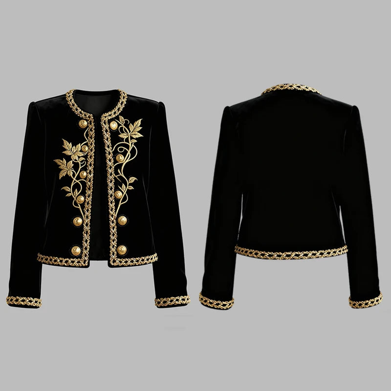 Modigirl Woman Fall Winter Gold Embroidered Jackets 2025 New Velvet Long Sleeve Round Neck Button Christmas Holiday Ladies Coat