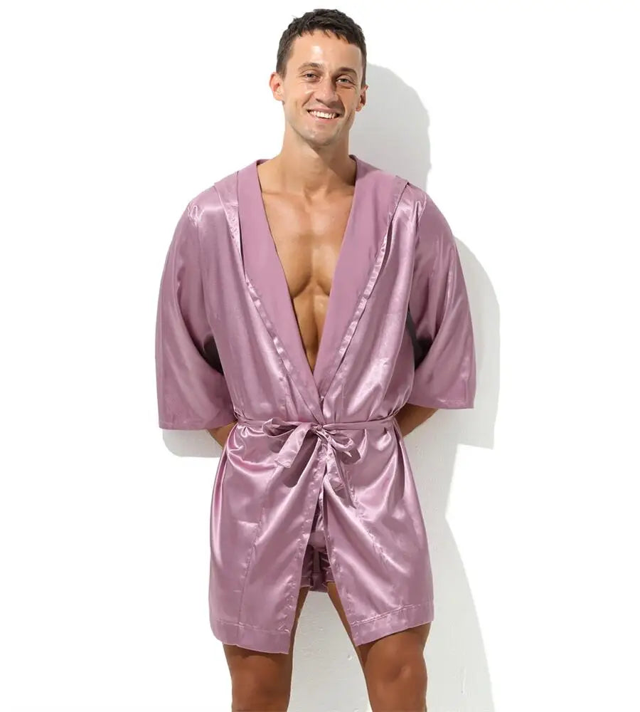 Sexy Sleepwear Men Robes Bathrobes Soft Silky Short Sleeve Nightgown Mens Homewear Dressing Gown Male Pajamas (No shorts)