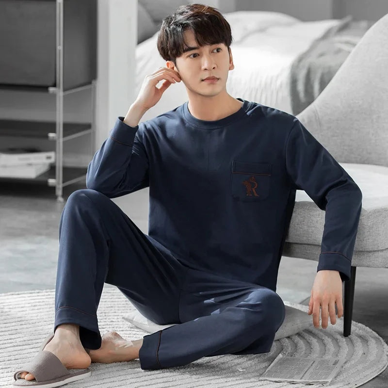 Fashion Lounge Pajamas Sets Men's Spring New Long-sleeved Tops with Trousers Cotton Homewear Comfort Simple Sleepwear Two Pieces