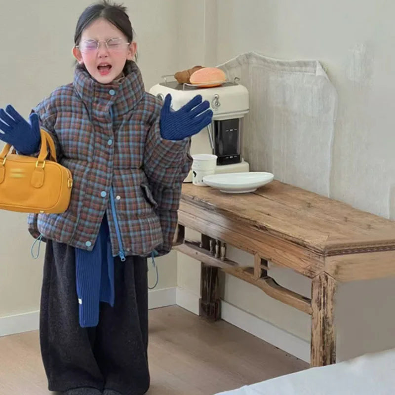 Girls' Autumn Winter Plaid Padded Jacket Warmth Coat Thicken Puffer Jacket Comfortable New Fashion Children Clothes Retro Style