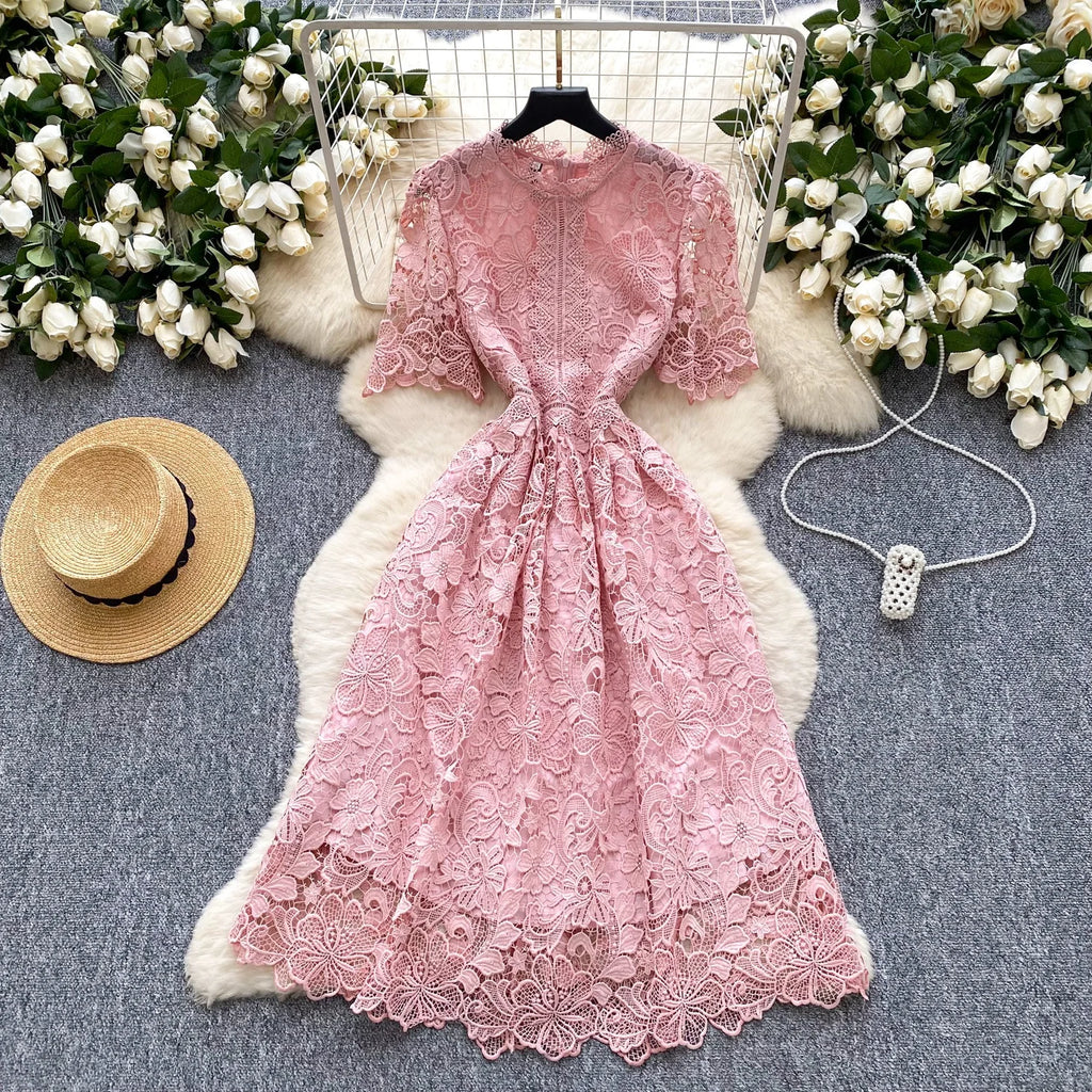 Ele Hollow out Lace ort Sve Dr Women's Summer Slimming A-Line Gown High Waist Korean Sle Commute Suitable