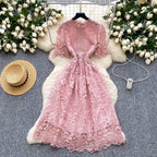 Ele Hollow out Lace ort Sve Dr Women's Summer Slimming A-Line Gown High Waist Korean Sle Commute Suitable