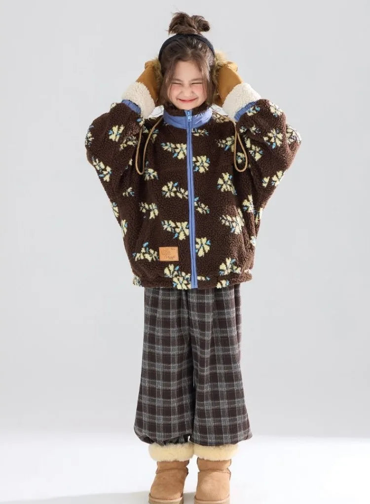 Girl's Winter Coat Floral Jacquard Lamb Fur Thickened Stylish Autumn Winter Toddler Kids Cotton Jacket