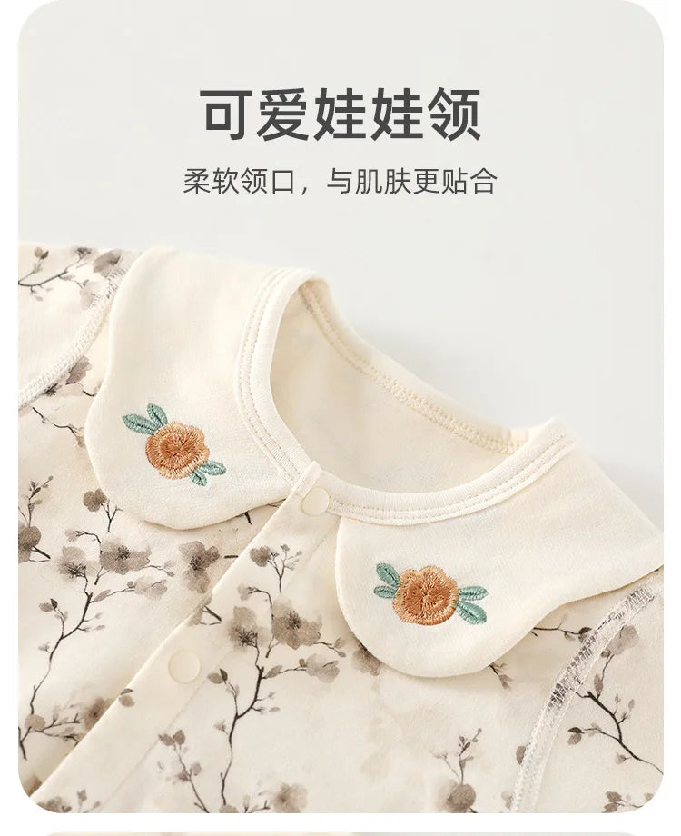 Spring and Autumn Baby Pure Cotton Velvet Jumpsuit with Plant Pattern Printed Baby Girl Clothing High Quality Baby Girl Clothing