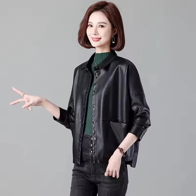 New Women Casual Loose Leather Jacket Spring Autumn Fashion Turn-down Collar Single Breasted Short Leather Motorbike Jacket