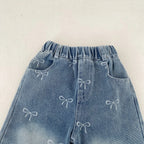 New autumn clothing for babies aged 0-3, with bow printed denim pants for baby girls, fashionable