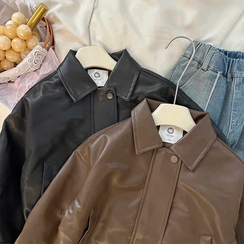 Jackets Girl Loose Autumn New Children PU Locomotive Leather Clothing Loose Coat Boy Handsome Leather Clothing 2024