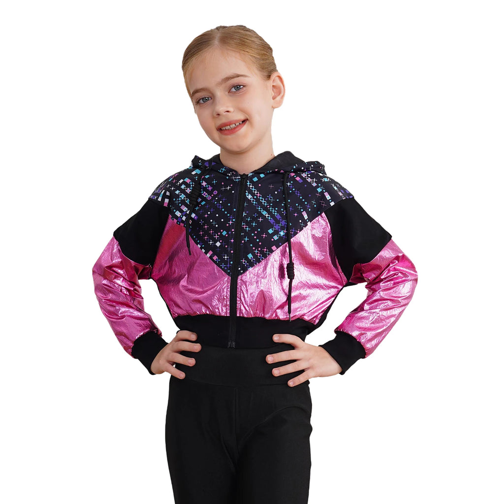 Girl Hooded Tops Long Sleeve Zipper Jacket Fashion Print Short Jacket Casual Coat Outerwear Jazz Dance Performance Costume