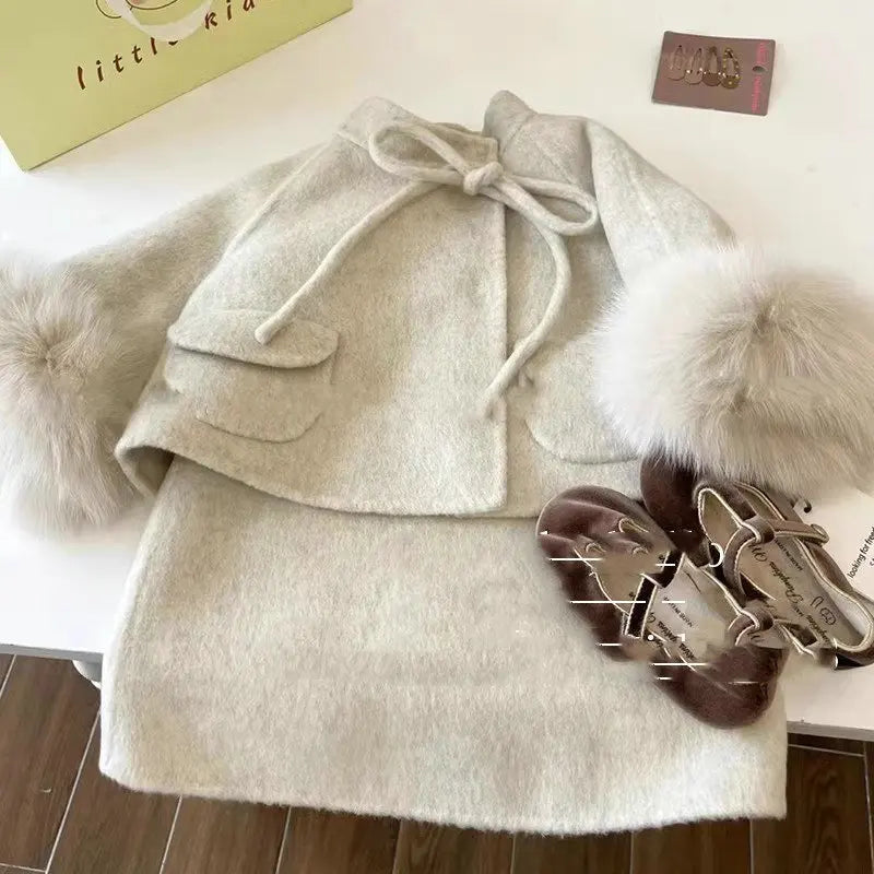 Girl's Set Made of Fabric with Cotton Clip Thickened Woolen Jacket and Dress New Fashion Trend for 2024 Winter Clothing
