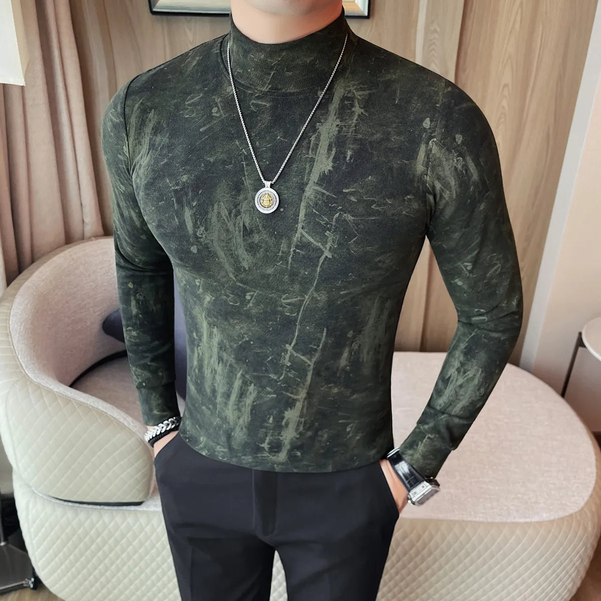 Men Tie-Dye Long-Sleeve T-Shirt | Half-High Collar Base Layer Trendy Versatile Casual Wear 95% Cotton Breathable  Sweat-wicking