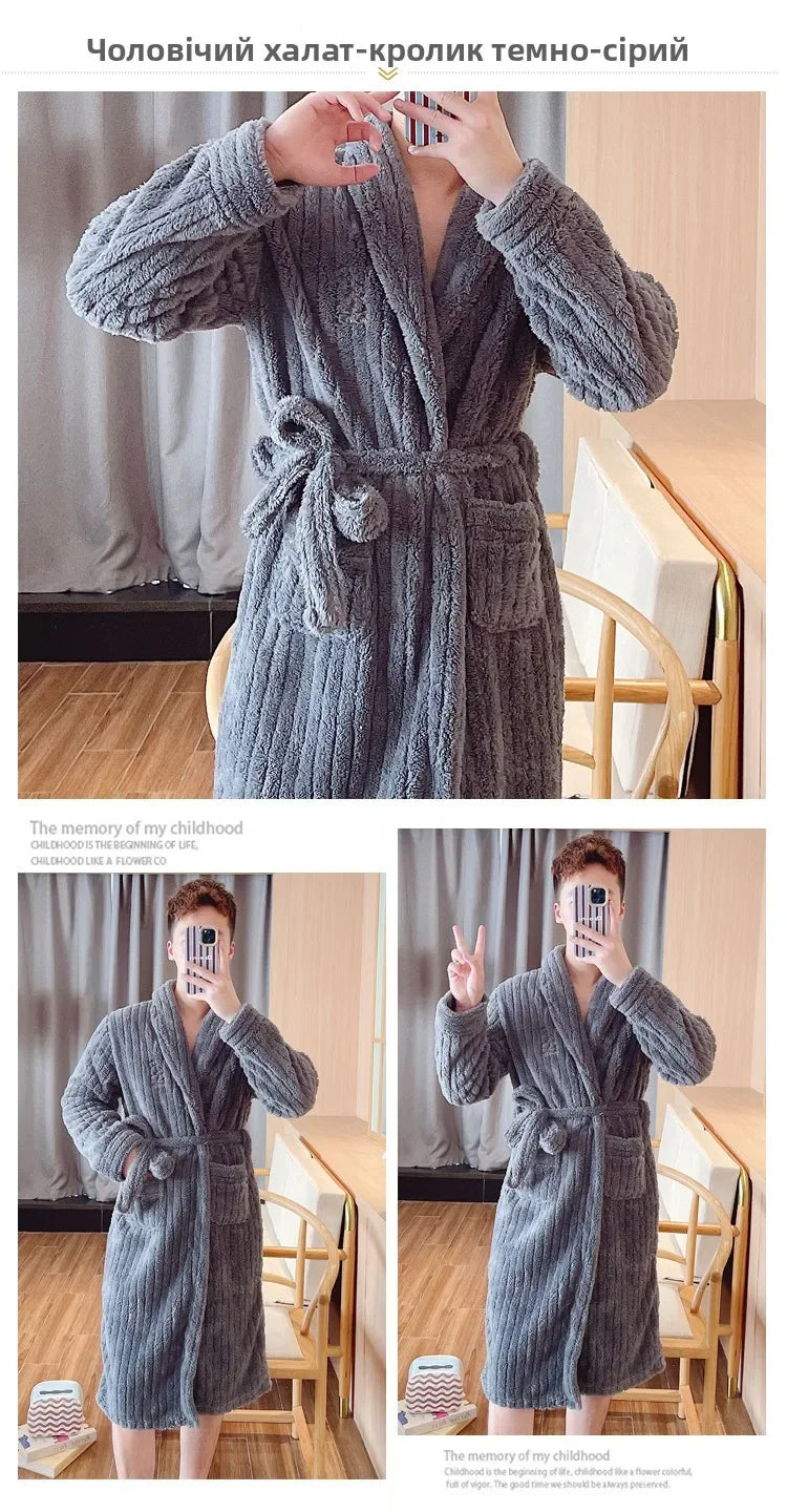 Men's Robes Long Sve Coral Fce Robe Thi Warm Batobe Luxury Home Clothes Morning Gown Mid-Length Fiber Winter Wear Bathrobe Men
