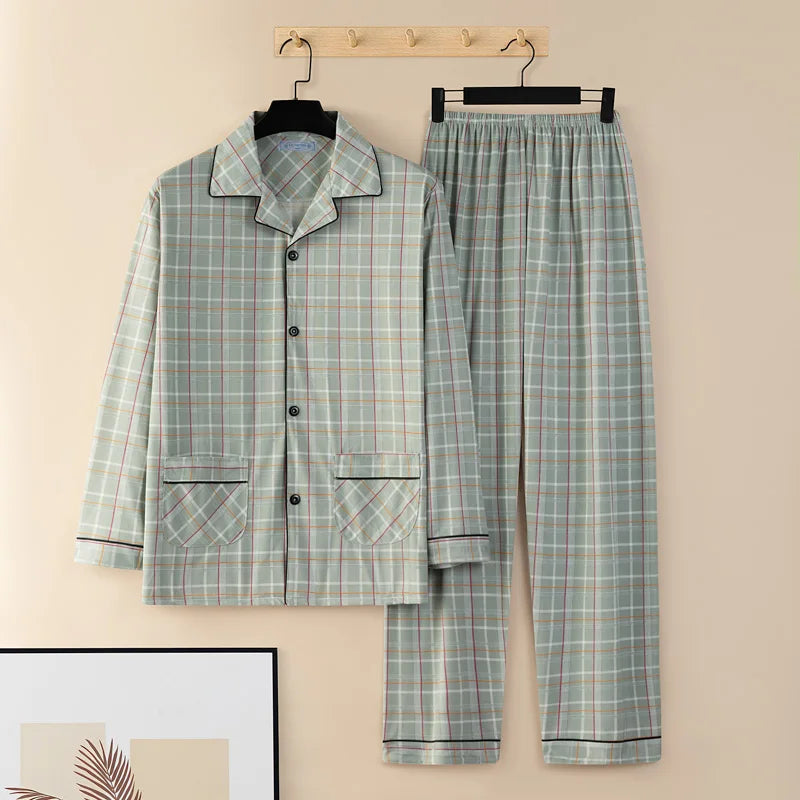 Men's Thin Cotton Pajamas Long Sve Long Pants Two-Piece Set Casual