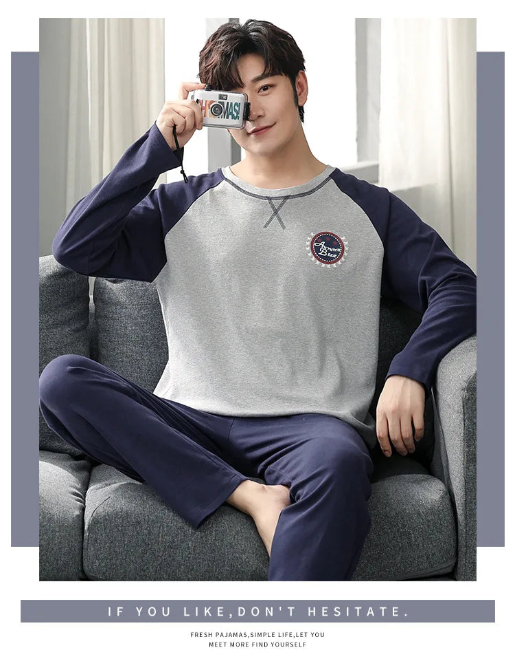 Fashion Lounge Pajamas Sets Men's Spring New Long-sleeved Tops with Trousers Cotton Homewear Comfort Simple Sleepwear Two Pieces