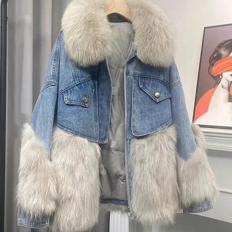 Fashionable European Style Thick Fur Collar Winter New Women's Denim Jacket with Patchwork Fur Parkas