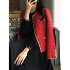 2025 Autumn/Winter New French Vintage Loose and Versatile Show Thin Temperament Woolen Jacket Fem Vintage Red Tweed Coat Women's