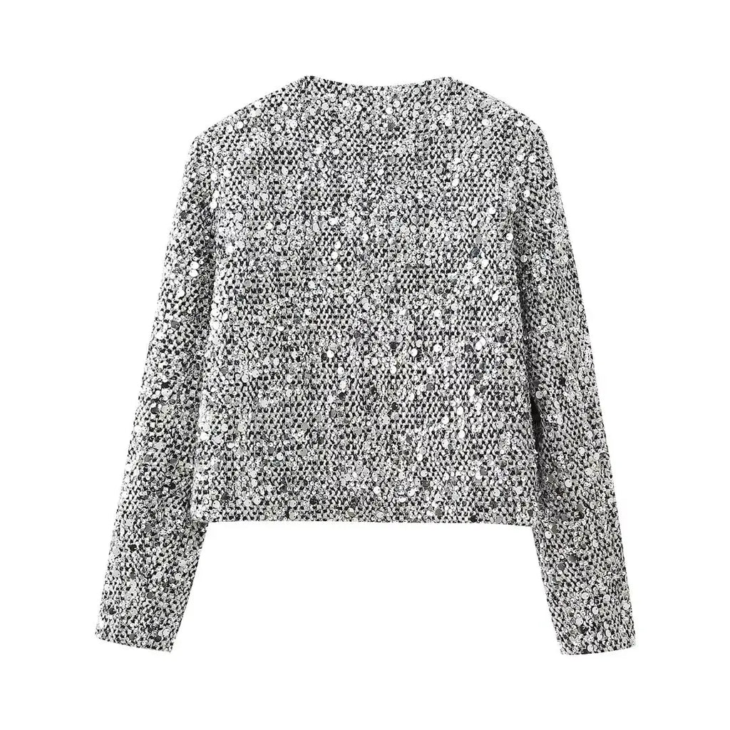 BKQU Tweed Sequined Jackets Women Casual Loose Round Neck Long Sleeved Cropped Silver Cardigan Autumn Female Warm Elegant Coats