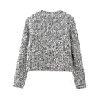 BKQU Tweed Sequined Jackets Women Casual Loose Round Neck Long Sleeved Cropped Silver Cardigan Autumn Female Warm Elegant Coats