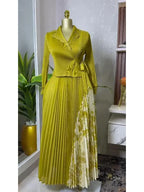 2025 Spring New Miyake Pleated A-line Dress Elegant Suit Collar Mid To Long Style Waist Cinching Slimming Women Folds Skirt