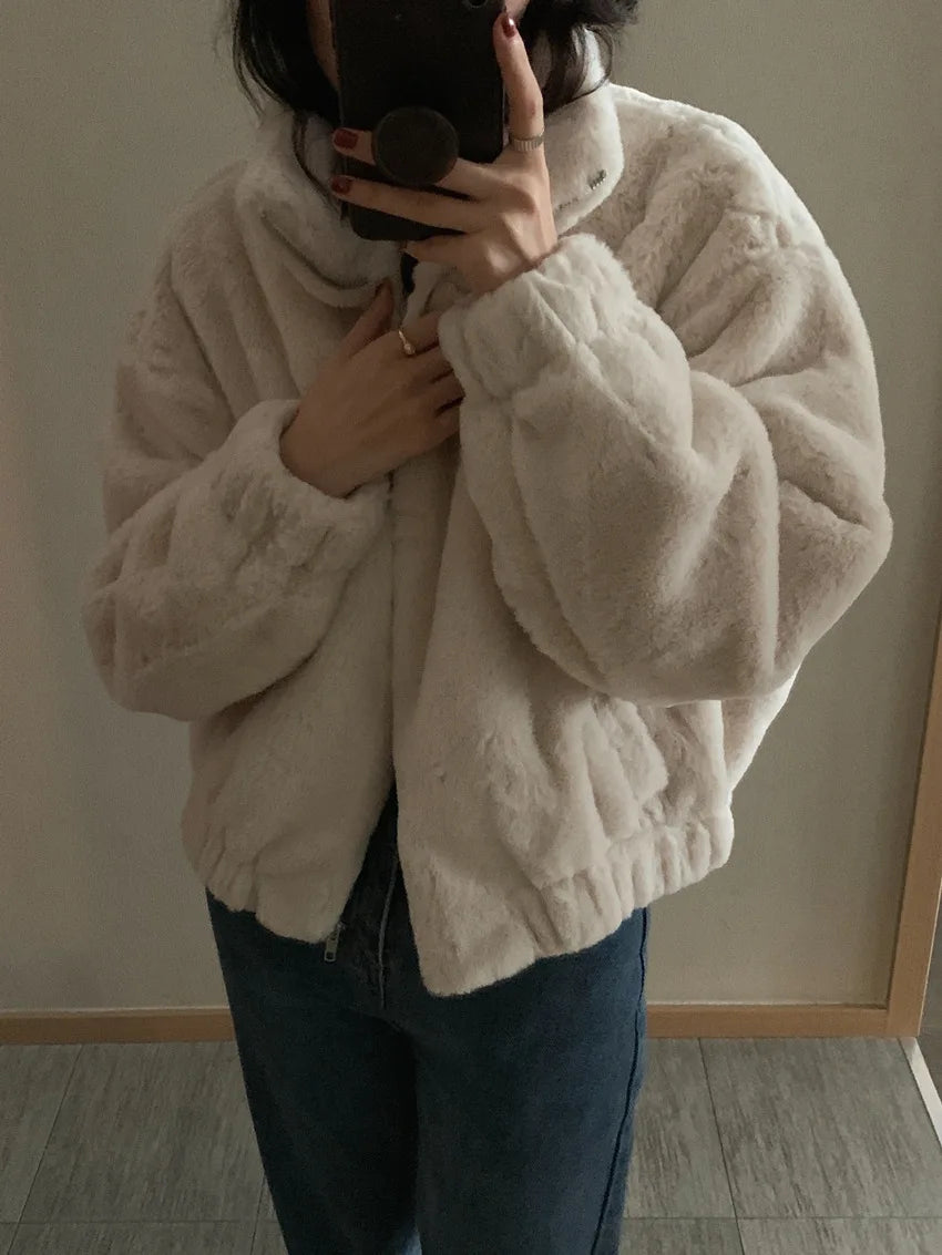 Women Autumn Winter Thicken Warm Coat Stand-Collar Loose Fur Plush Zipper Jacket Soft Comfortable Casual Simple Solid Outerwear