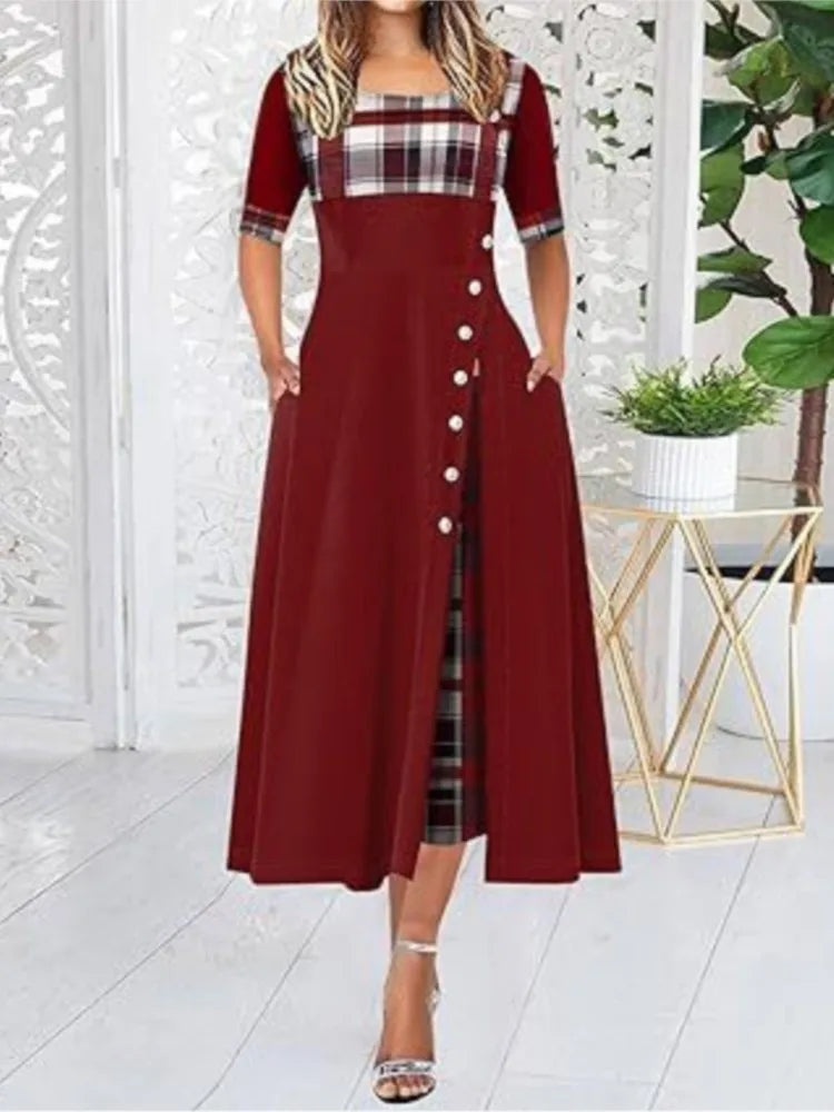 Women's Irregular Lattice Patchwork Long Dresses Vintage Buttons O Neck Half Sleeves Casual Lady Commuting Dress Fashion