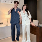 Women Men Pajamas Short Sleeved Shirt Trousers Ice Silk Sleepwear