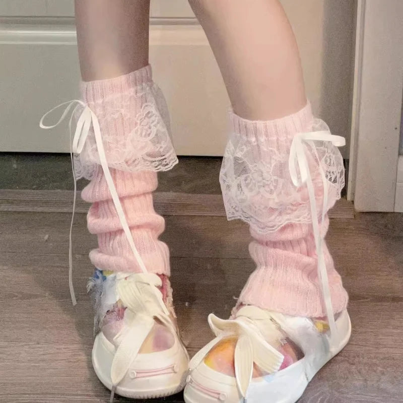 2025 New Woman Leg Warmers Autumn and Winter Ribbon Lolita Black Knee Warmers Long Socks JK Knitted Girl White Leg Warmers
