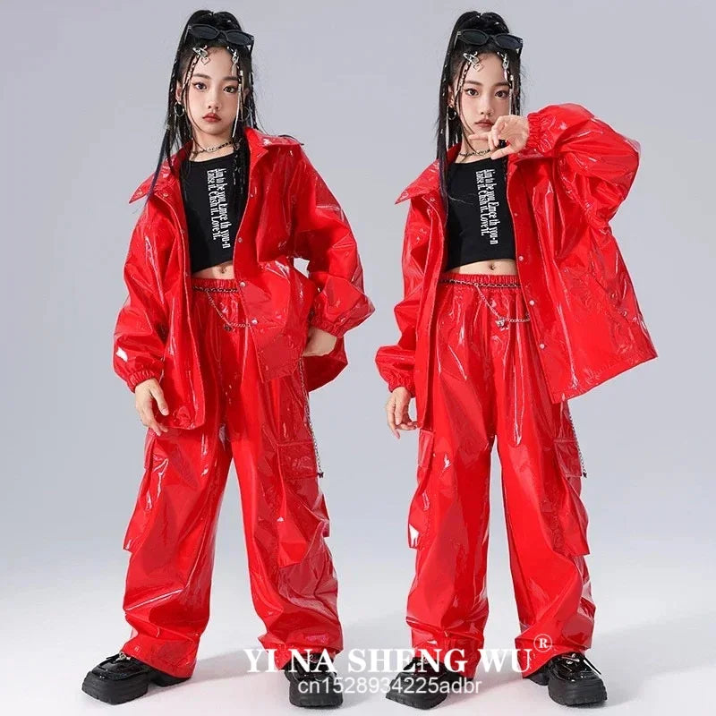 Boys K-pop Fashion Leather Jacket Street Dance Cargo Pants Girl Hip Hop Streetwear Kids Children Jazz Shiny Costume Clothes Sets
