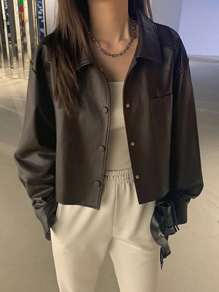 Nerazzurri Spring Autumn Brown Short Soft Pu Leather Jacket Women Long Sleeve Pocket Loose Casual Korean Fashion Clothing 2025