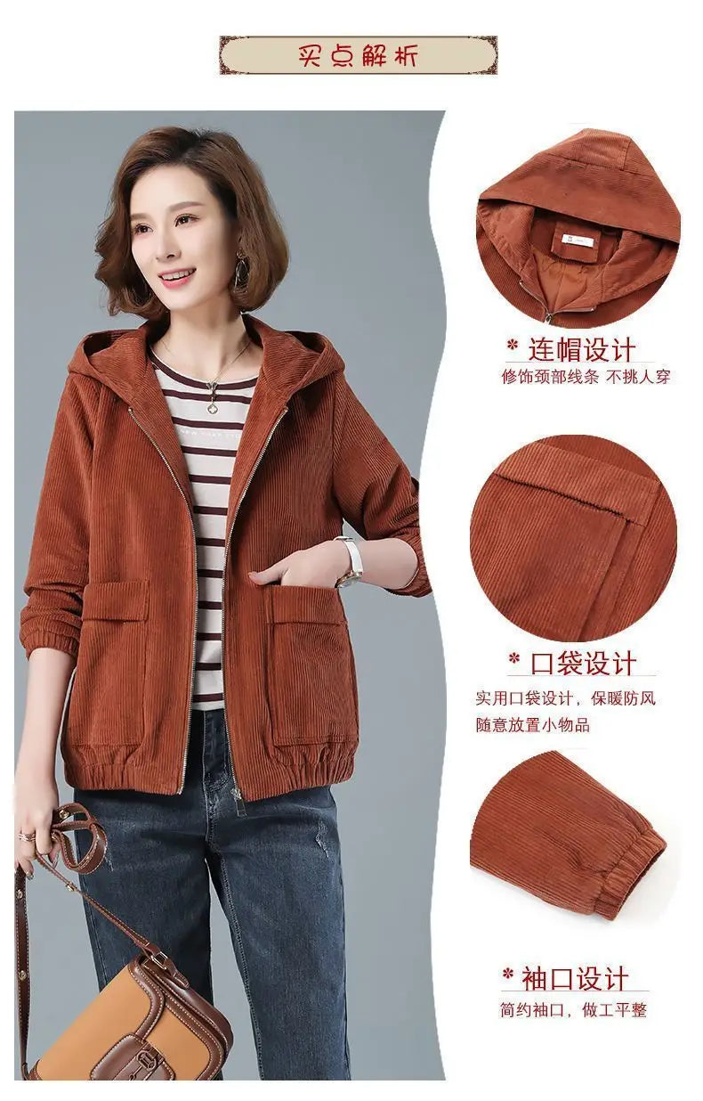 Corduroy Short Coat 5XL Women's 2025 Spring Autumn New Korean Loose Solid Hooded Jacket Fashion Casual Female Zipper Coat Tops