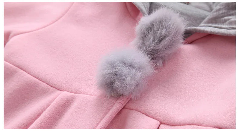 2025Children's coat Autumn Winter New Girl David Jacket Long Solid color Cute Cartoon Rabbit Ears Hooded Coat 0-5Y