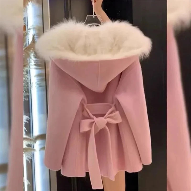 Pink Hooded Coat Women's Autumn Winter Belt Popular Woolen Coat 2024 Fur Coat Fragrant Wind High end Lightweight Short Fur Neck
