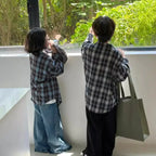Children's Shirt 2024 Autumn Boys and Girls Korean Version Velvet Plaid Shirt Children's Casual Versatile Loose Long Sleeve Top