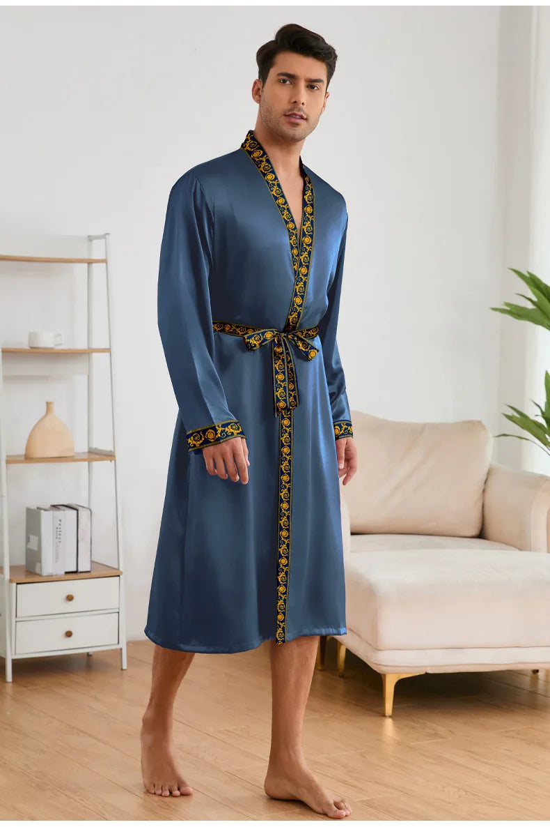 Men Long Robe Pajamas Set Baroque Style Kimono Bathrobe Gown Spring Summer Male Sleepwear Home Clothing Rayon Loungewear Pijamas