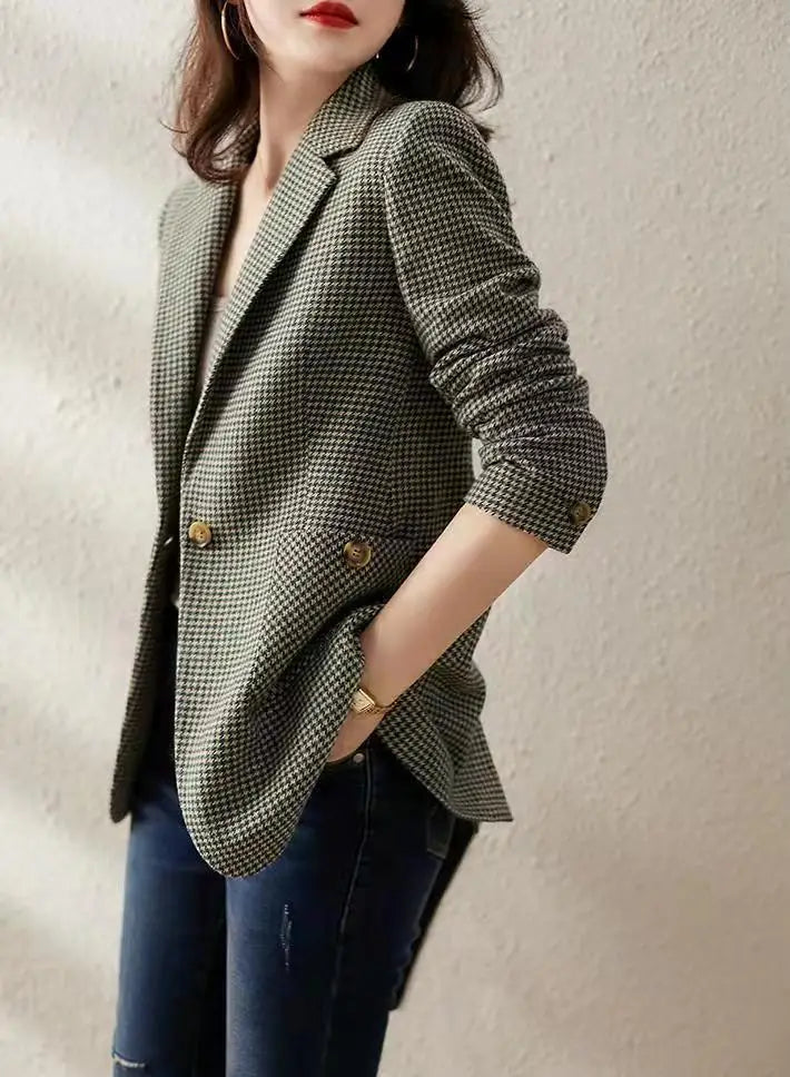 Green Jacket Coats for Women Skinny Plaid Outerwears Korean Fall Clothes  Simple Cheap Stylish in Promotion Check Blazer Woman