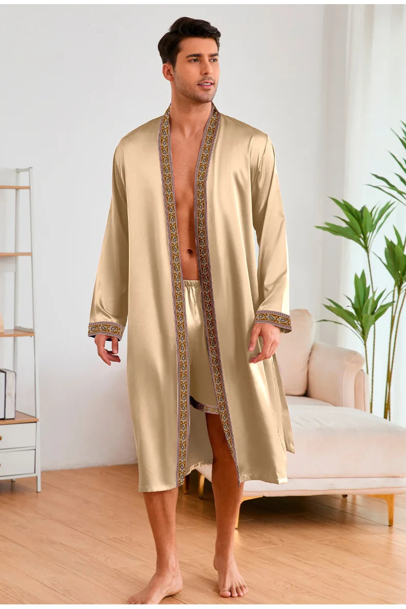 Men Long Robe Pajamas Set Baroque Style Kimono Bathrobe Gown Spring Summer Male Sleepwear Home Clothing Rayon Loungewear Pijamas