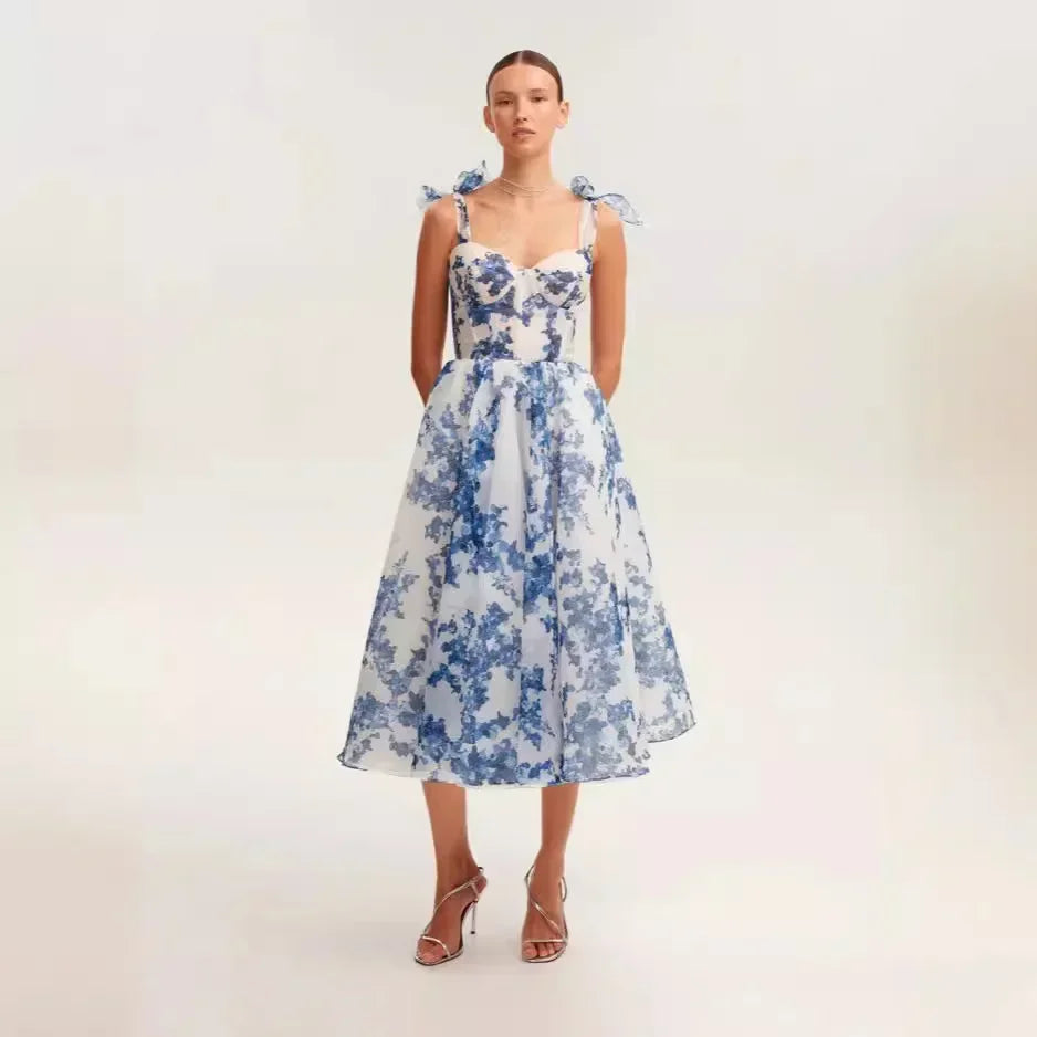 French Super Fairy Holiday Suspender Sleeveless Waist Printed Dress Slim Fit Party Dress for Women Bandage Sweet Ladies Dress