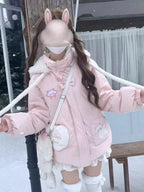 Cute Sweet Girl Little Lamb Hooded Cotton Jacket Women Warm Kawaii Light Pink Thickened Soft Coat Harajuku Casual Clothing 2025