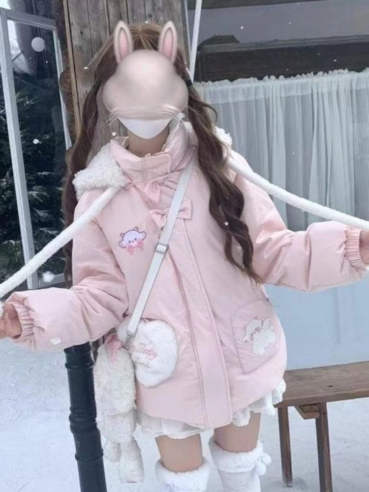 Cute Sweet Girl Little Lamb Hooded Cotton Jacket Women Warm Kawaii Light Pink Thickened Soft Coat Harajuku Casual Clothing 2025