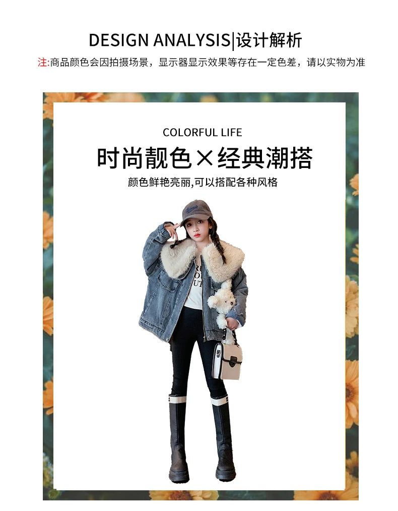 junior girl winter jackets vetement enfant fille Thickened inner rabbit fur denim jacket teenr outerwear kids warm coat overwear