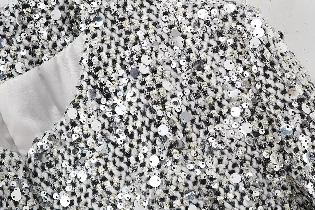 BKQU Tweed Sequined Jackets Women Casual Loose Round Neck Long Sleeved Cropped Silver Cardigan Autumn Female Warm Elegant Coats