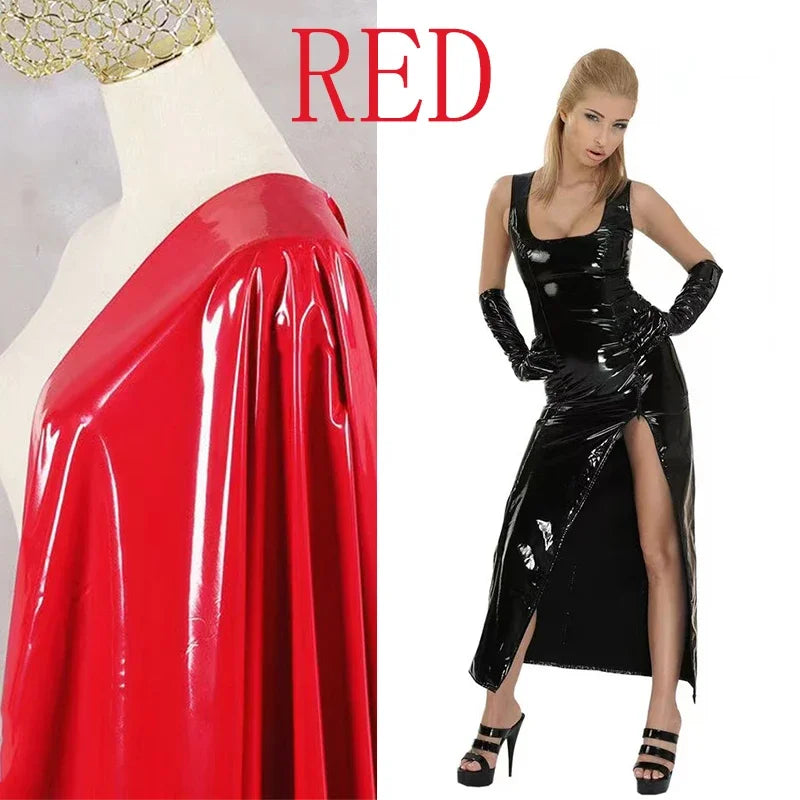 Sleeveless Square Neck Faux Latex Dress Women Shiny Patent Leather Maxi Tank Dress Hem Side Split Zip Stretch Clubwear Custom