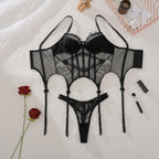 Lingeries Sexy Hot Exquisite Sheer Eyelash Lace Lingerie Sets for Women Tight Waist Corset Tops and Thong Garter Erotic Costumes