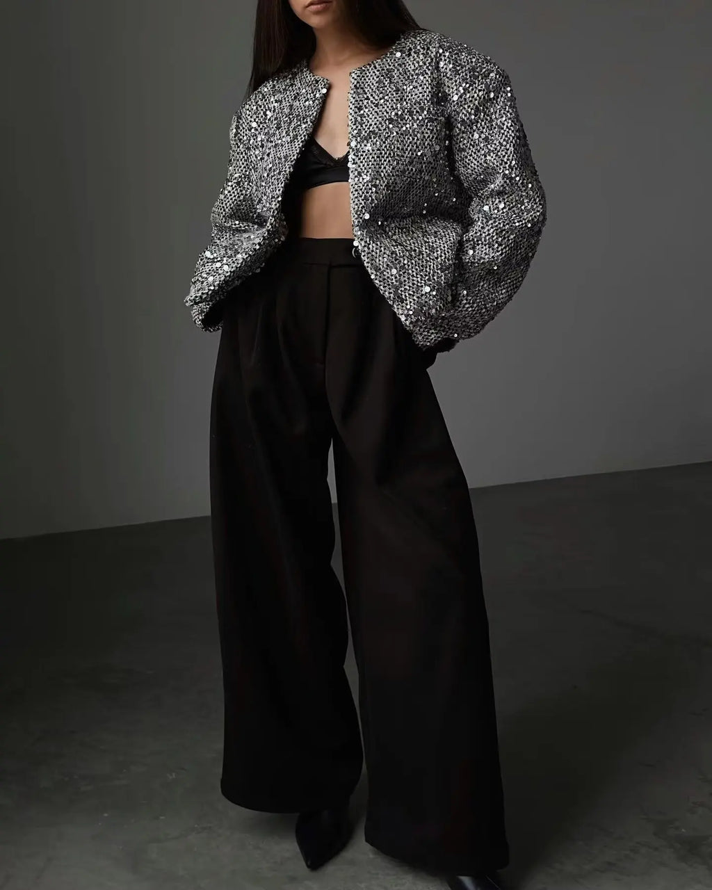 BKQU Tweed Sequined Jackets Women Casual Loose Round Neck Long Sleeved Cropped Silver Cardigan Autumn Female Warm Elegant Coats