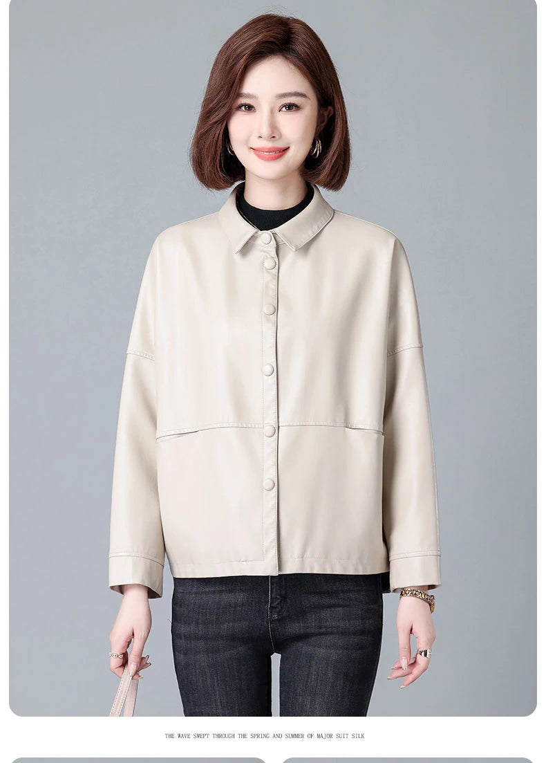 New Women Casual Loose Leather Jacket Spring Autumn Fashion Turn-down Collar Single Breasted Short Leather Motorbike Jacket