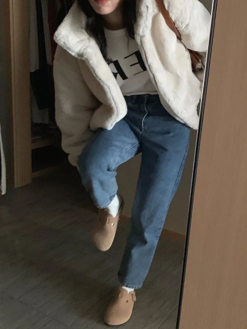 Women Autumn Winter Thicken Warm Coat Stand-Collar Loose Fur Plush Zipper Jacket Soft Comfortable Casual Simple Solid Outerwear