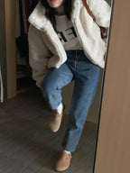 Women Autumn Winter Thicken Warm Coat Stand-Collar Loose Fur Plush Zipper Jacket Soft Comfortable Casual Simple Solid Outerwear