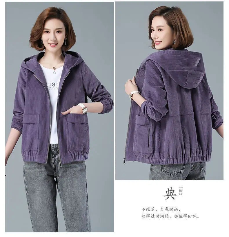 Corduroy Short Coat 5XL Women's 2025 Spring Autumn New Korean Loose Solid Hooded Jacket Fashion Casual Female Zipper Coat Tops
