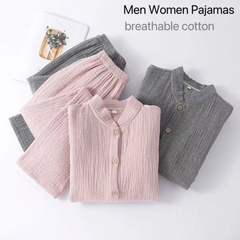 Japanese Style Pure Cotton Pajamas Men Women Breathable Four Layer Gauze Shirt Pants Set Comfortable Leisure Couples Homewear